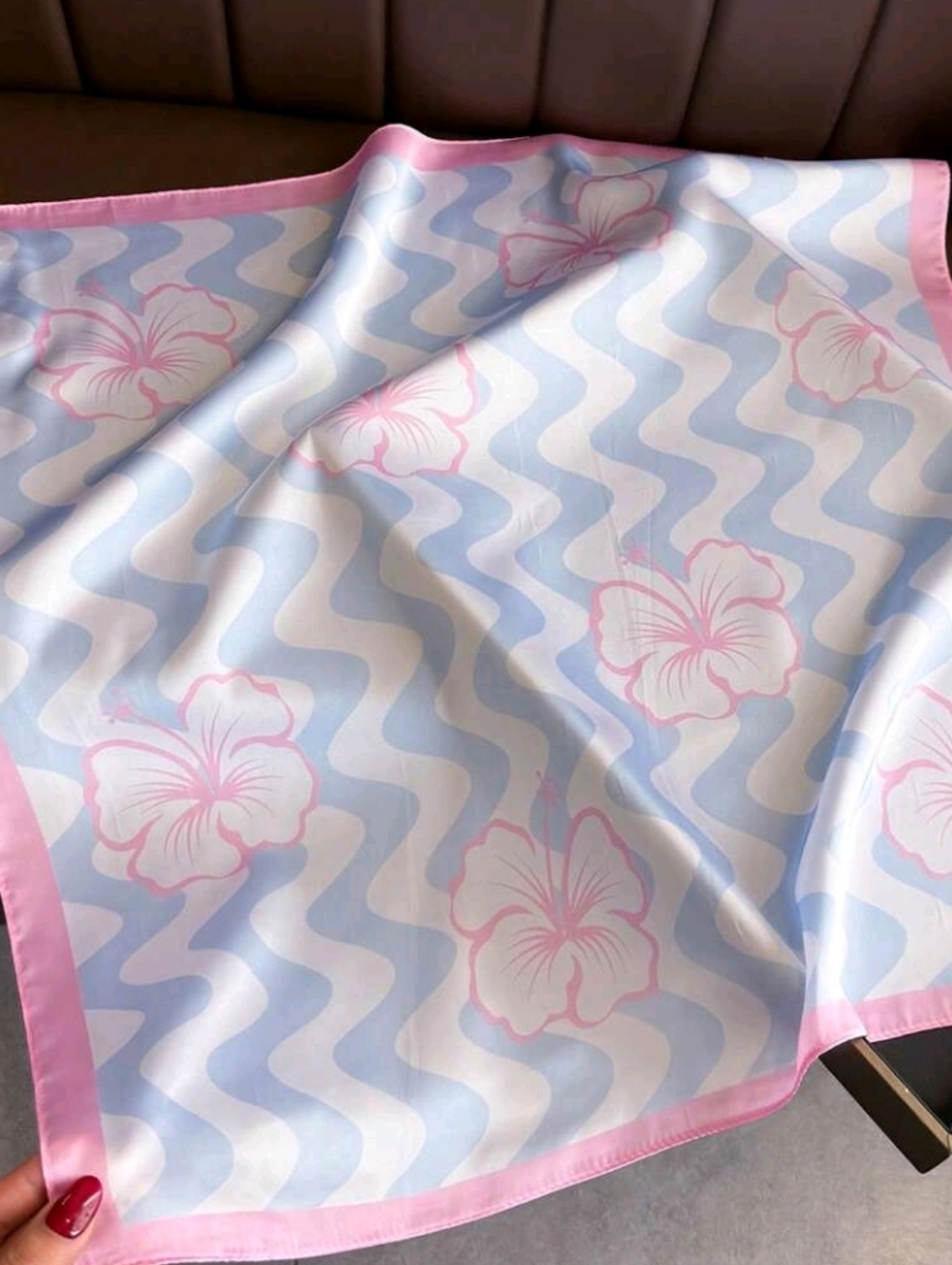 Floral Hibiscus๐บ Wave Print Satin Scarf Pink Blue Summer Beach Vacation Travel